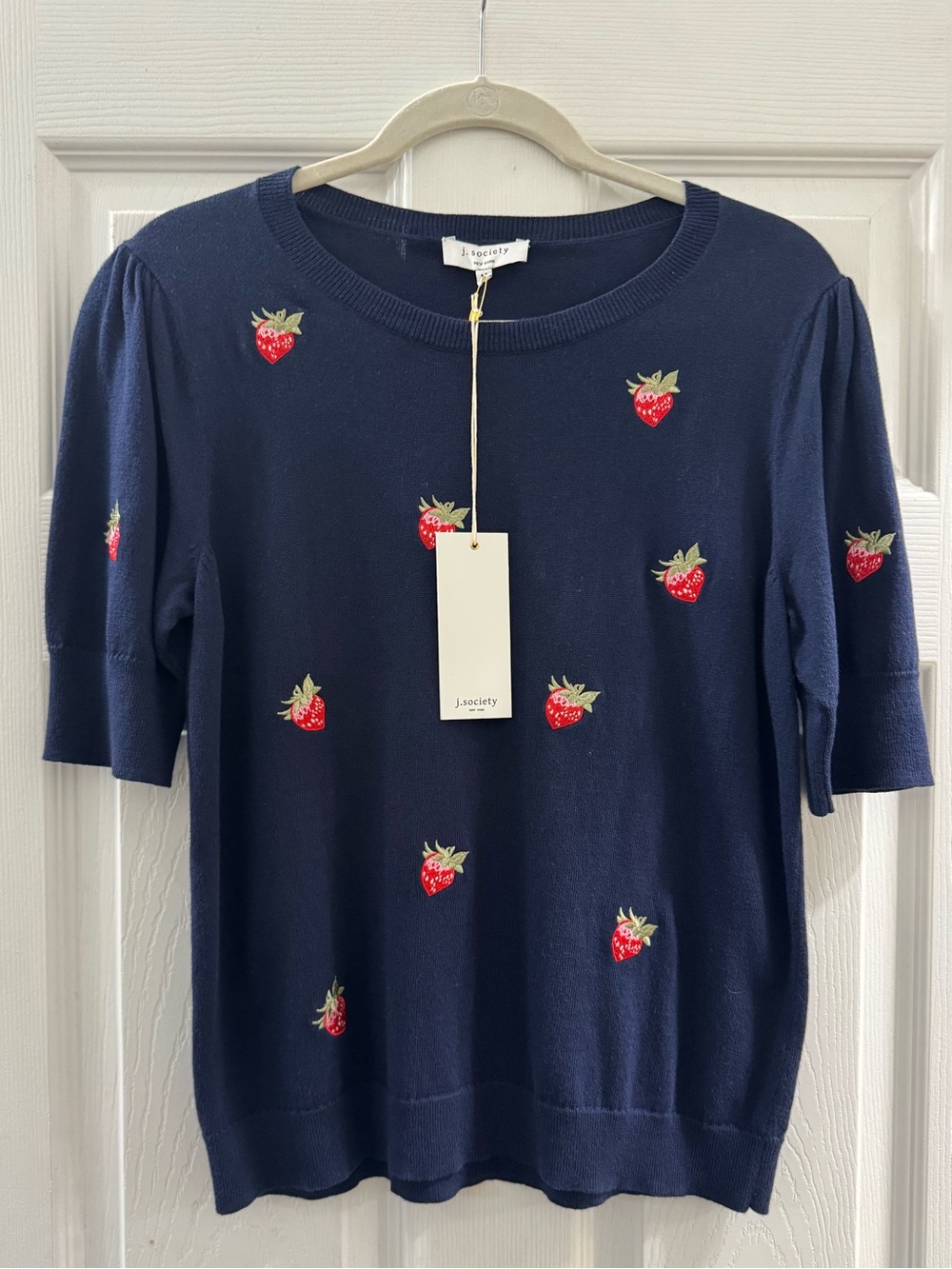 J.C. Society Navy Strawberry Embroidered Short-Sleeve Crew Sweater